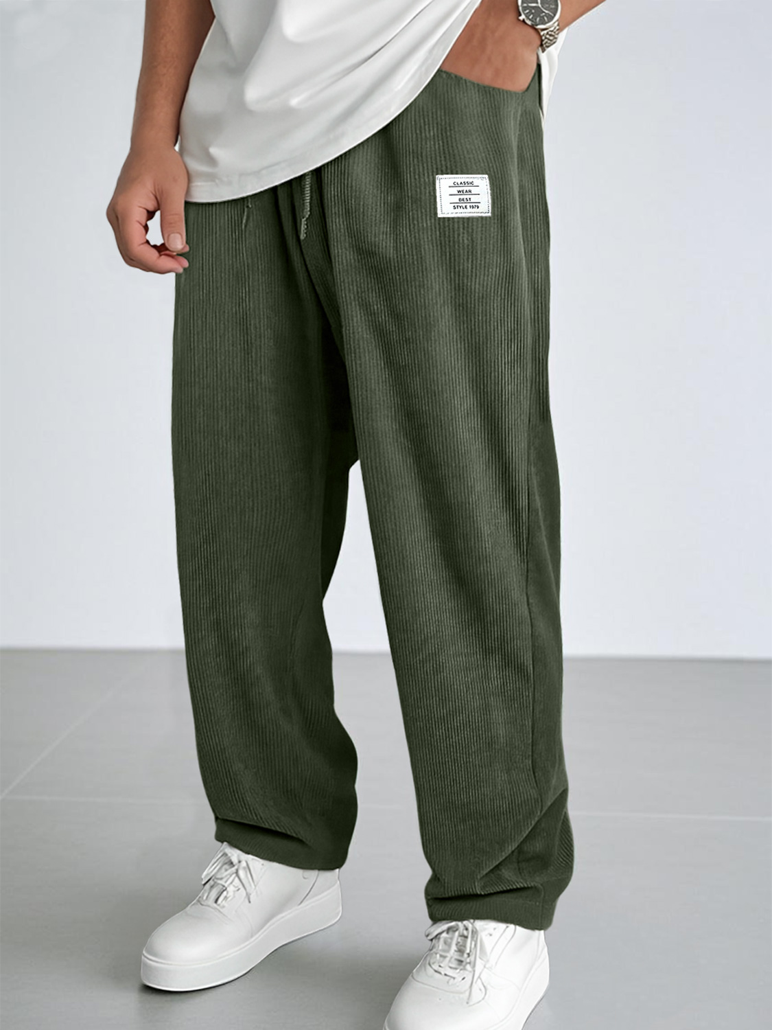Men's Everyday Corduroy Embroidered Logo Casual Elastic Waist Comfort Trousers