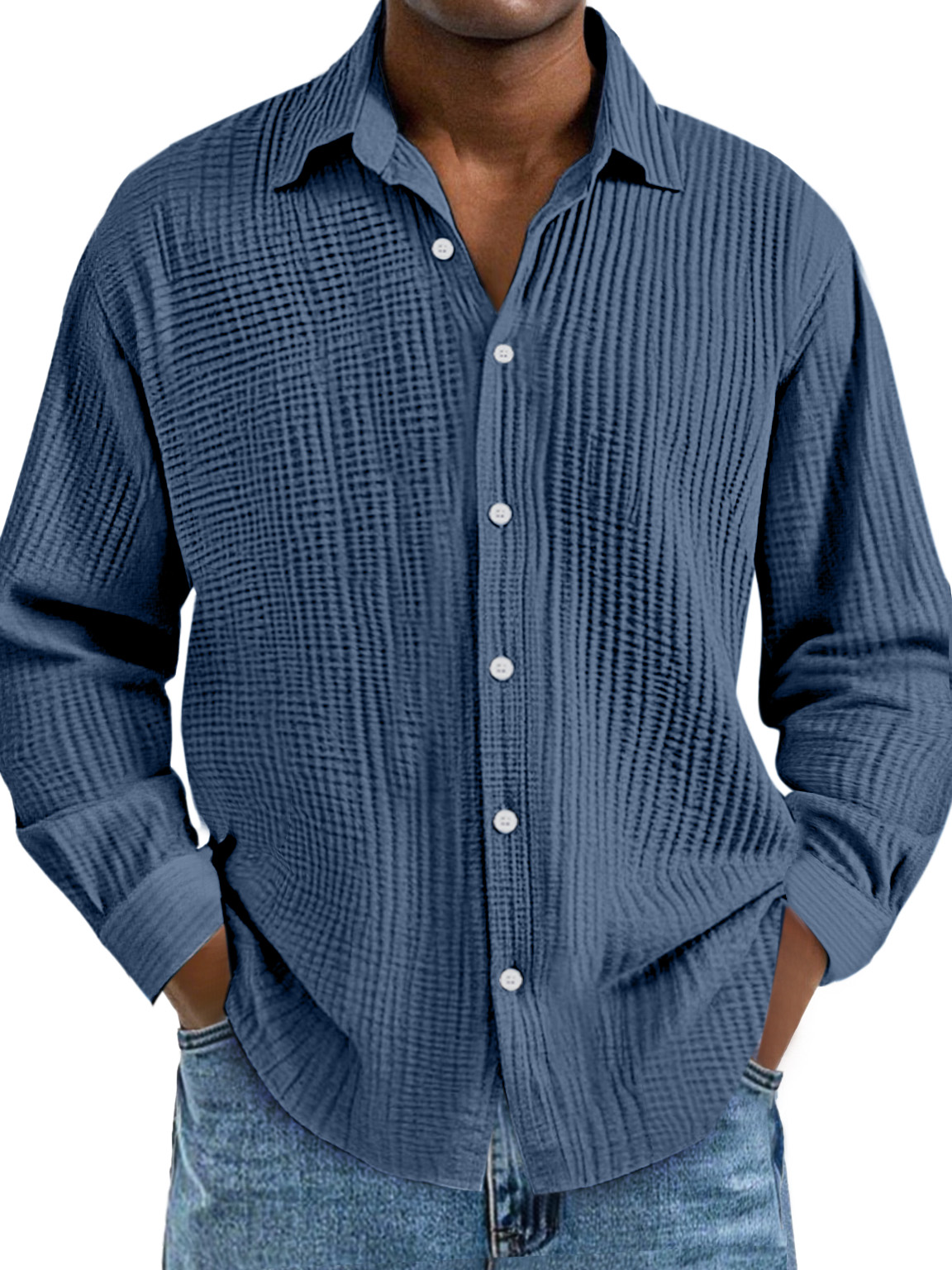 Men's Everyday Simple Cotton Pleated Lapel Long-sleeved Shirt