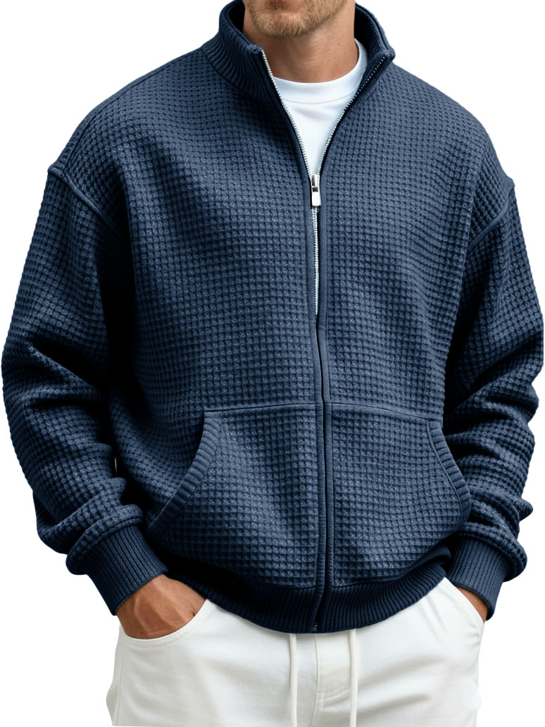 Men's Fashion Casual Waffle Fabric Stand Collar Long-Sleeve Pocket Sweatshirt