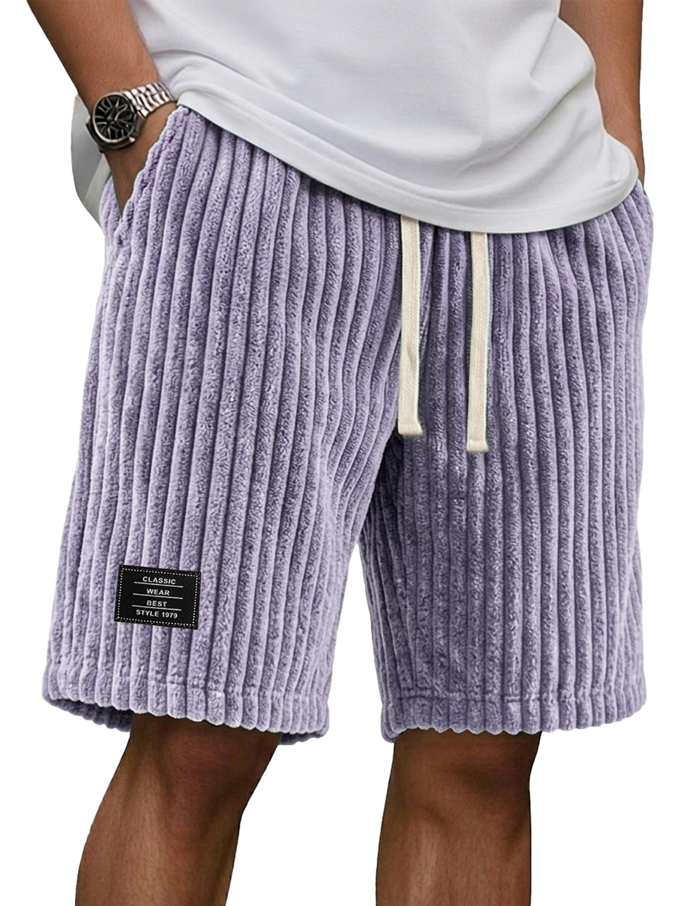 Men's Casual Retro Corduroy Embroidered Logo Loose Shorts