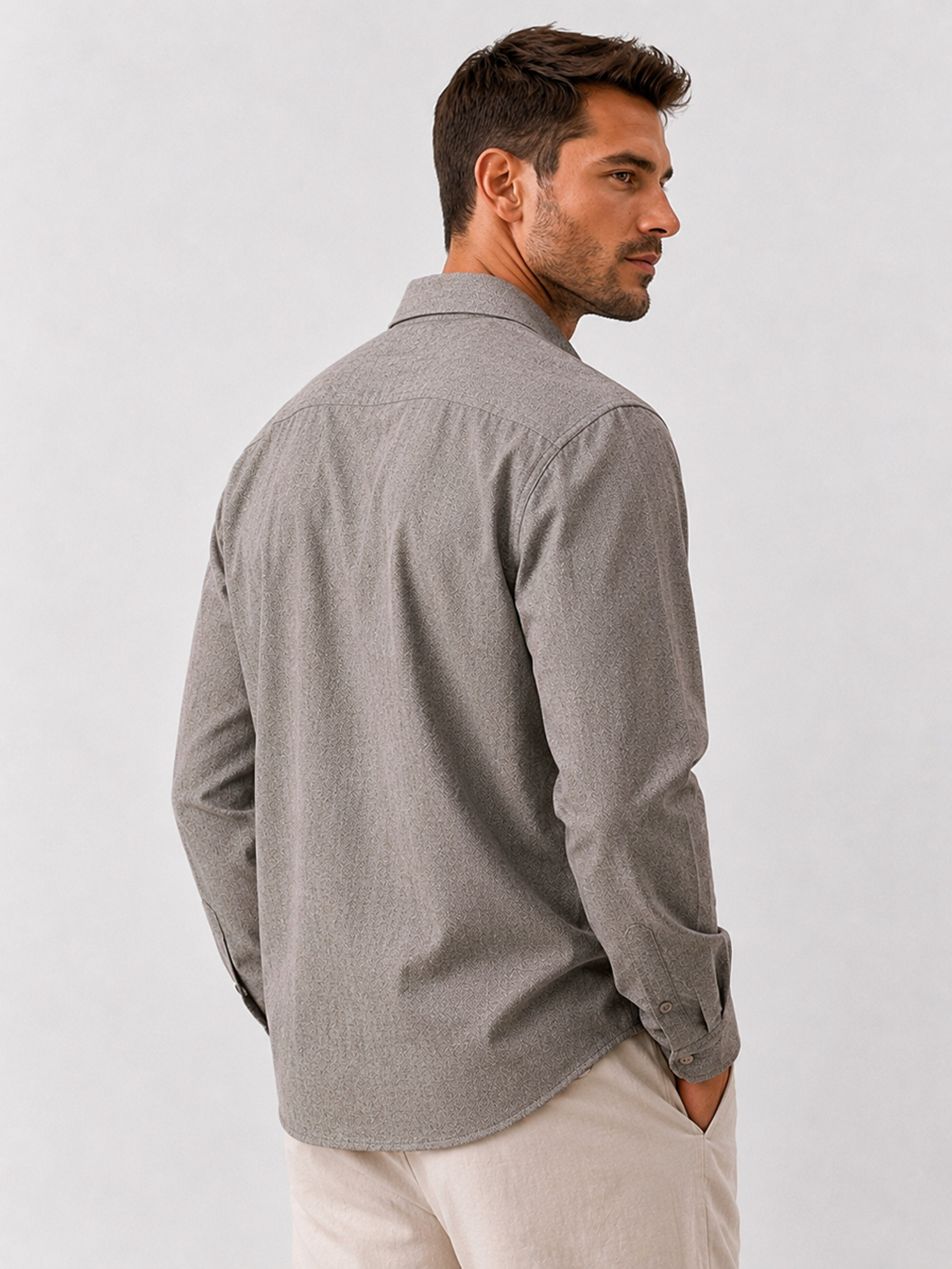 Men's Comfortable Long-Sleeve Cotton-Linen Shirt with Pocket Design