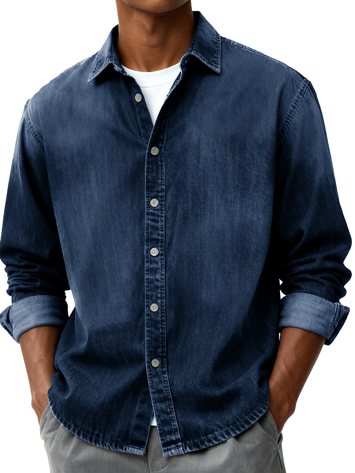 Men's Fashion Retro Distressed Pocket Collar Long-Sleeve Shirt