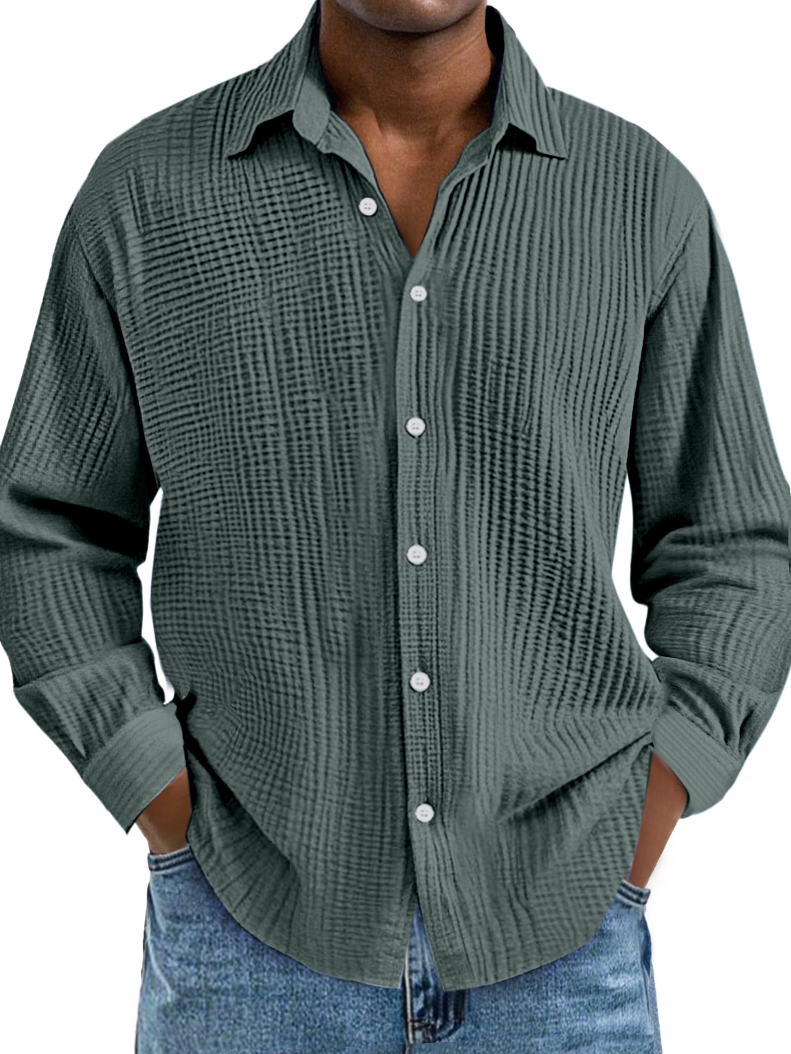 Men's Everyday Simple Cotton Pleated Lapel Long-sleeved Shirt