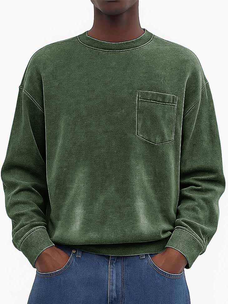Men's Stylish Vintage Washed And Distressed Fabric Loose-fitting Long-sleeved Crew Neck Sweatshirt With Pockets