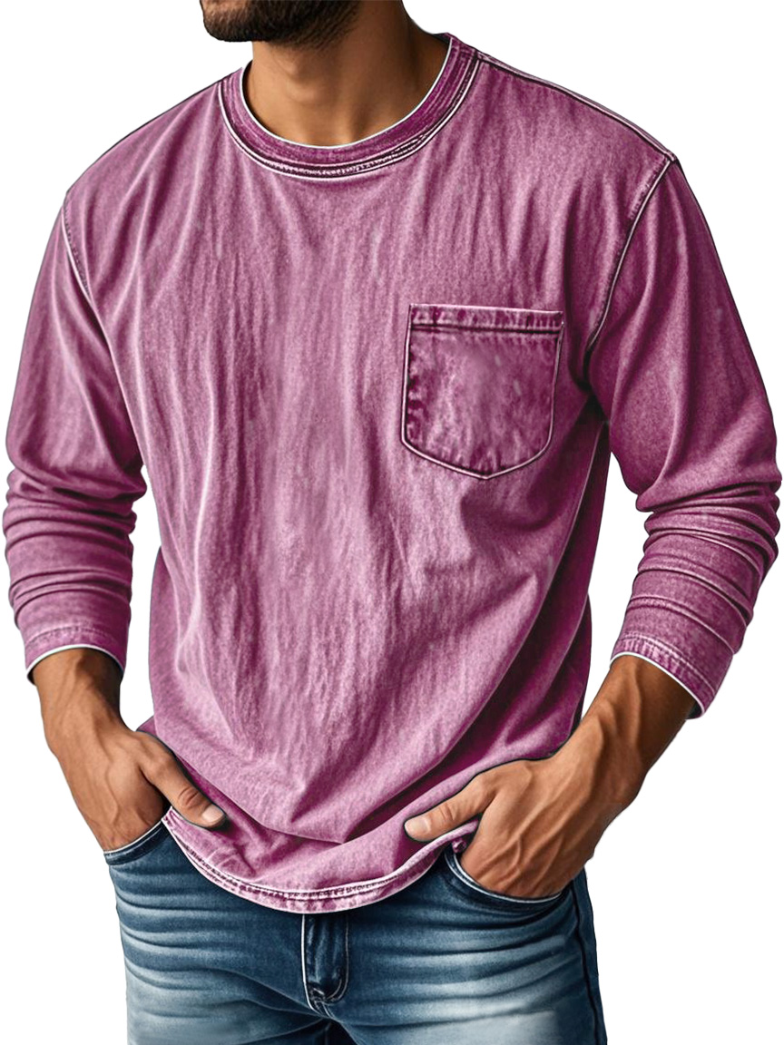Men's Vintage Distressed Round Neck Pocket Casual Long-sleeved T-shirt