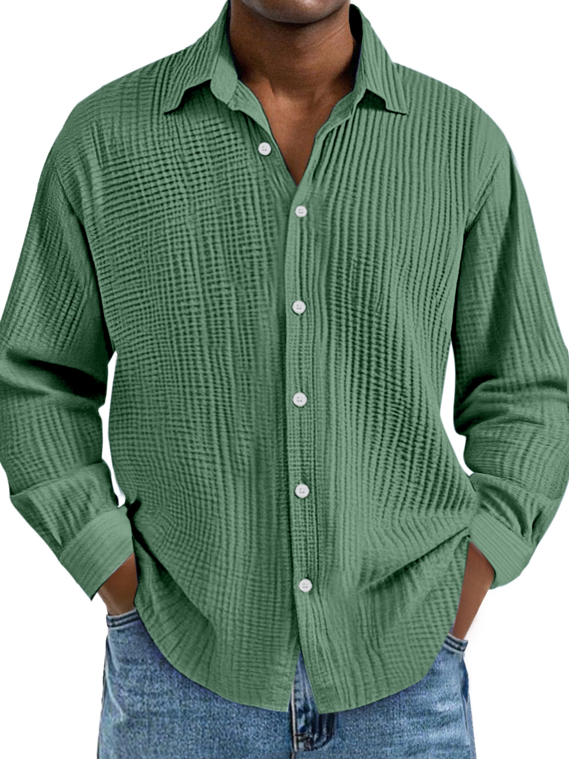 Men's Everyday Simple Cotton Pleated Lapel Long-sleeved Shirt