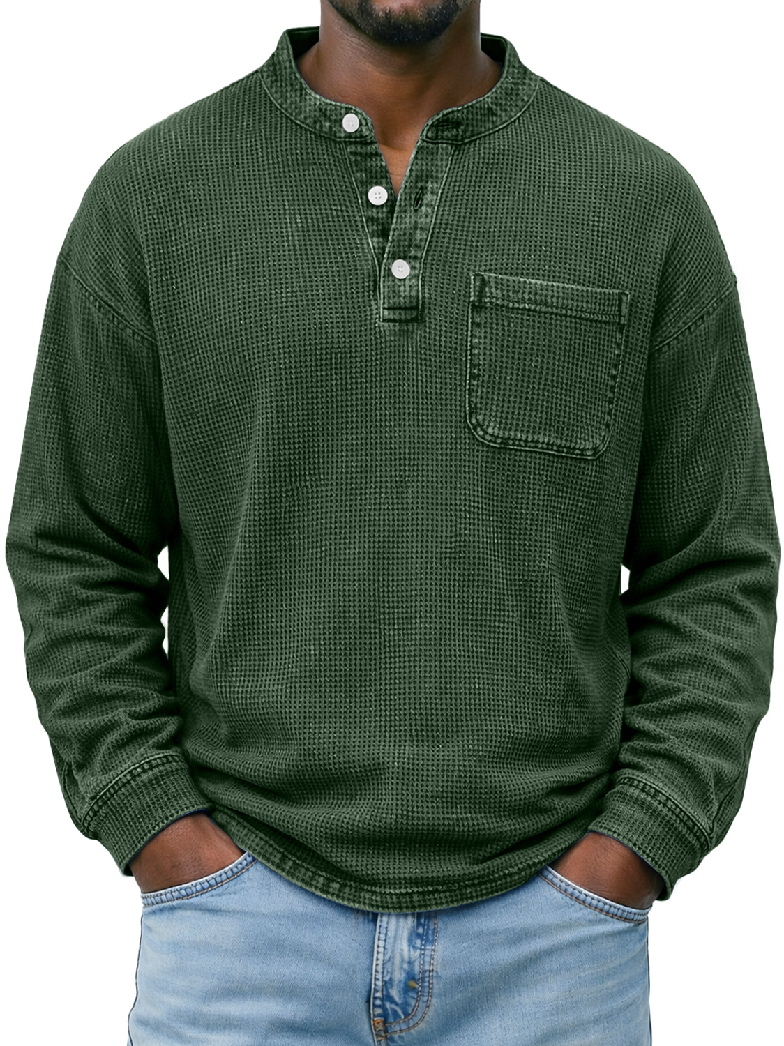 Men's Simple Waffle-knit Casual Long-sleeved Henley Shirt With Pocket