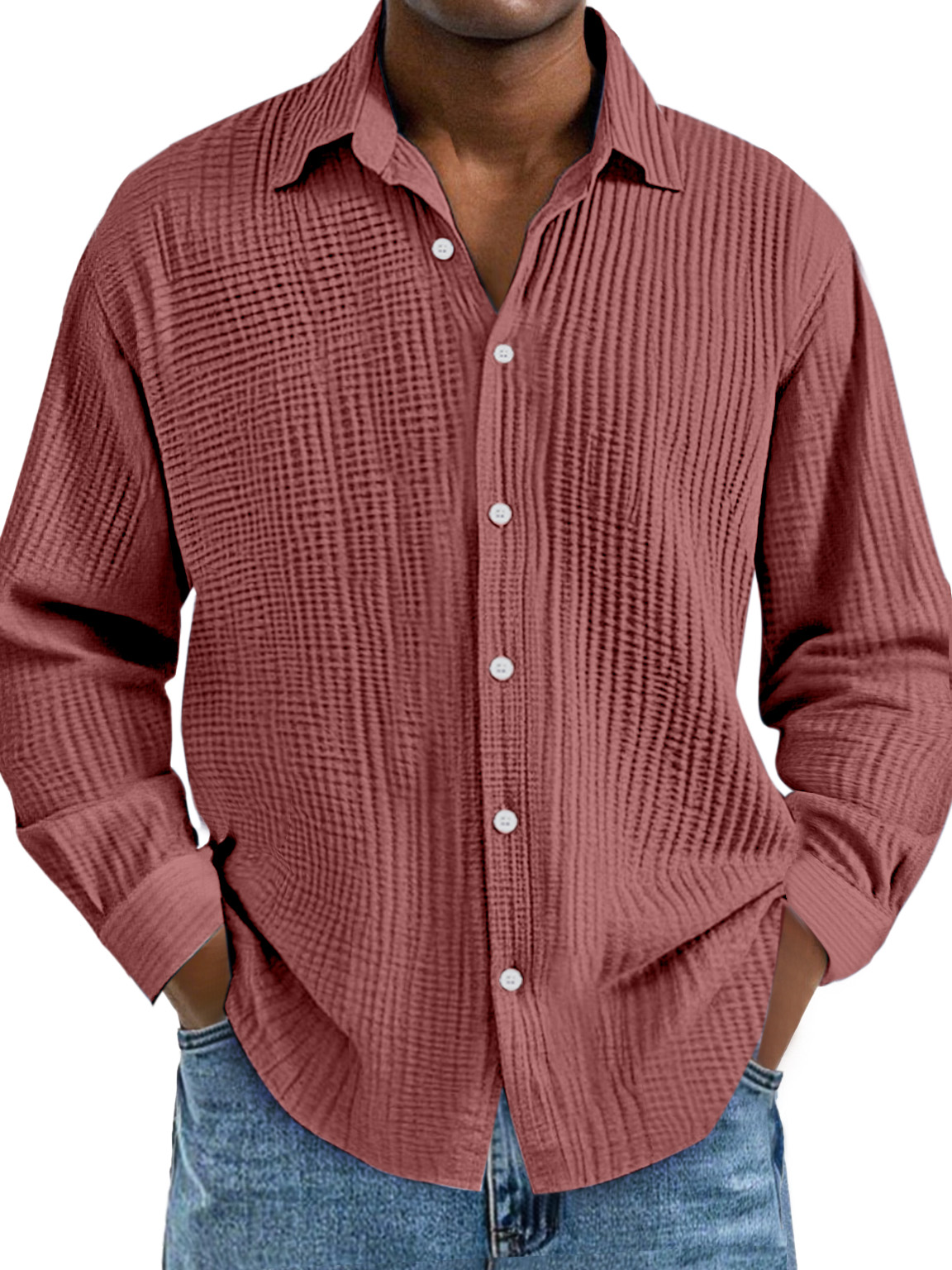 Men's Everyday Simple Cotton Pleated Lapel Long-sleeved Shirt
