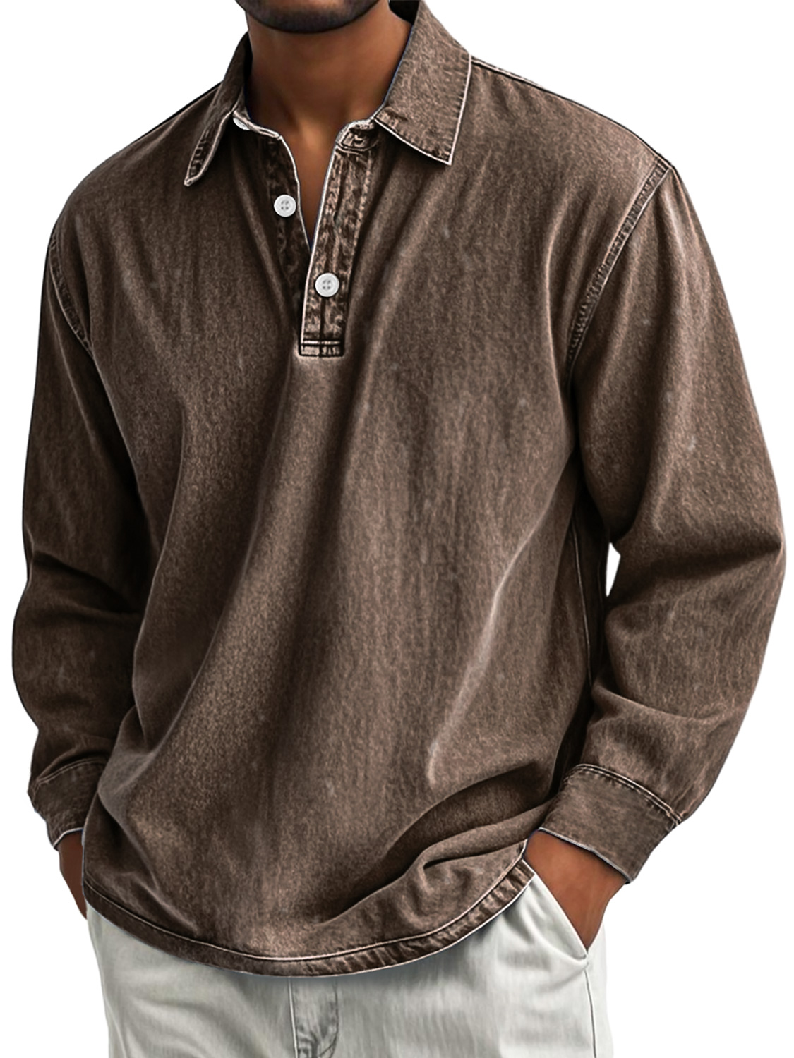 Men's Retro Casual Lapel Button Down Distressed Long Sleeve Polo Shirt