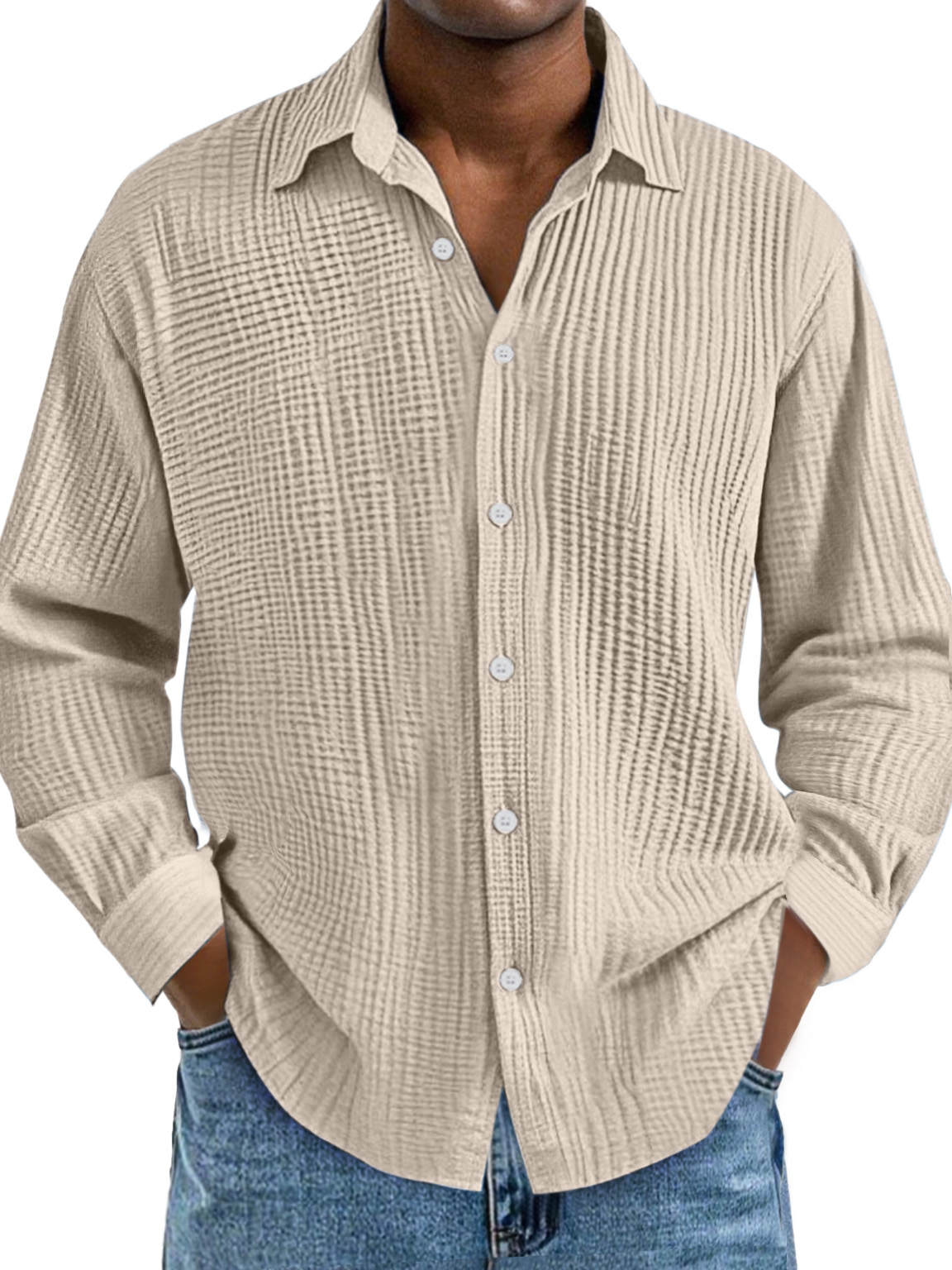 Men's Everyday Simple Cotton Pleated Lapel Long-sleeved Shirt