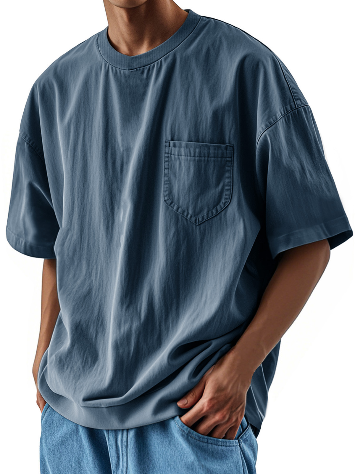 Men's Fashion Casual Retro Shirt Round Neck Pocket Short Sleeve T