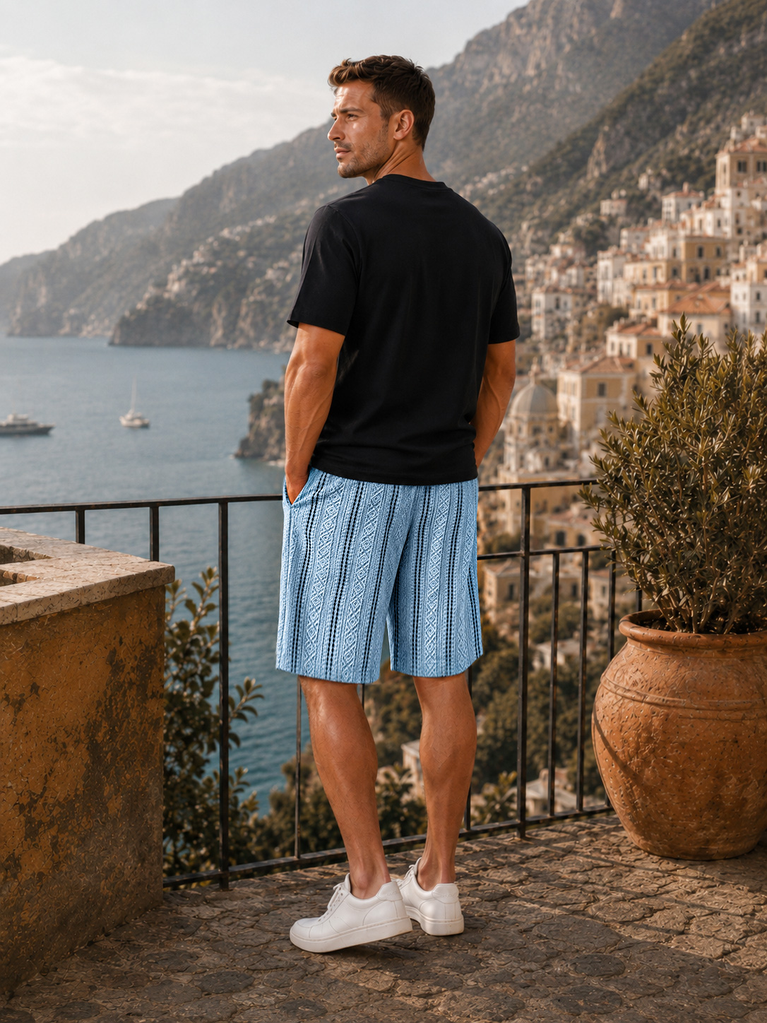 Men's Color-Blocked Textured Embroidered Logo Casual Loose Shorts