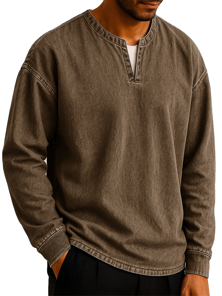  Men's Stylish Casual Outdoor V-neck Distressed Loose-fitting Long-sleeved T-shirt 
