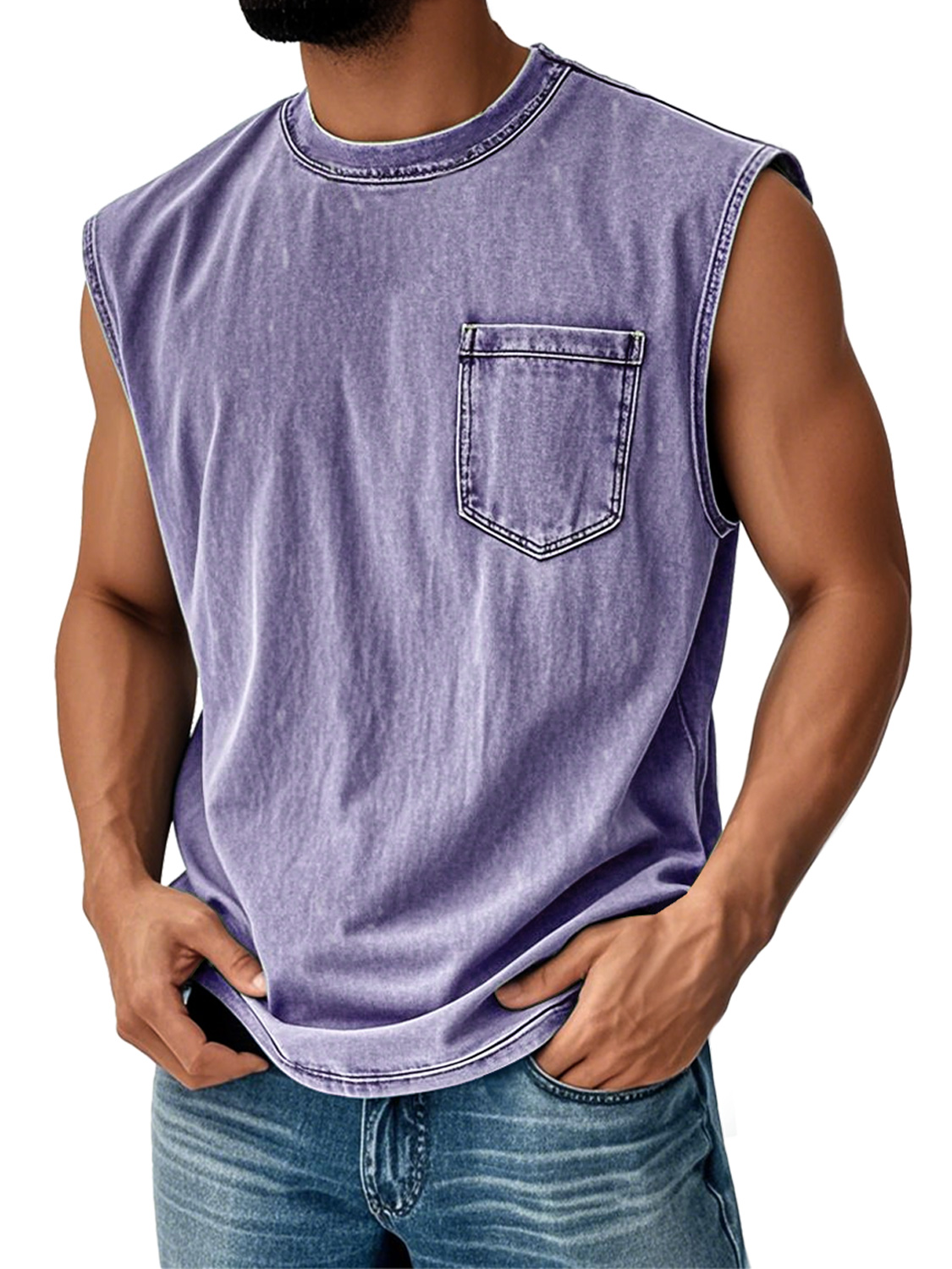 Men's Vintage Distressed Casual Round Neck Pocket Solid Color Sleeveless Vest