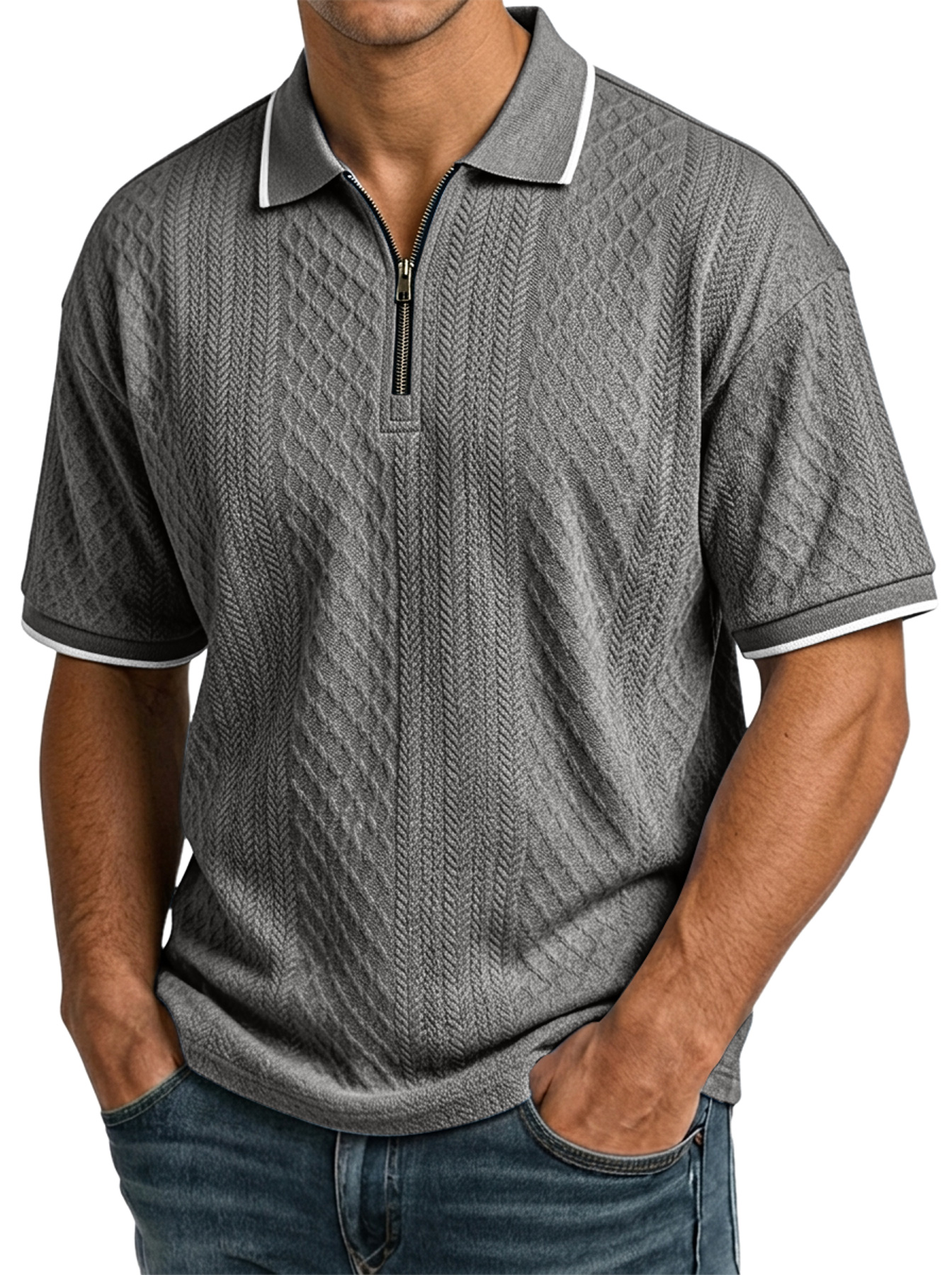Men's Casual Jacquard Textured Collar Zipper Short-Sleeve Polo Shirt