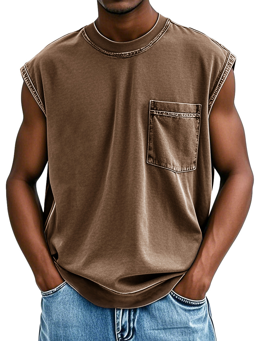 Men's Stylish Retro Distressed Short-sleeved Pocket Sleeveless T-shirt 