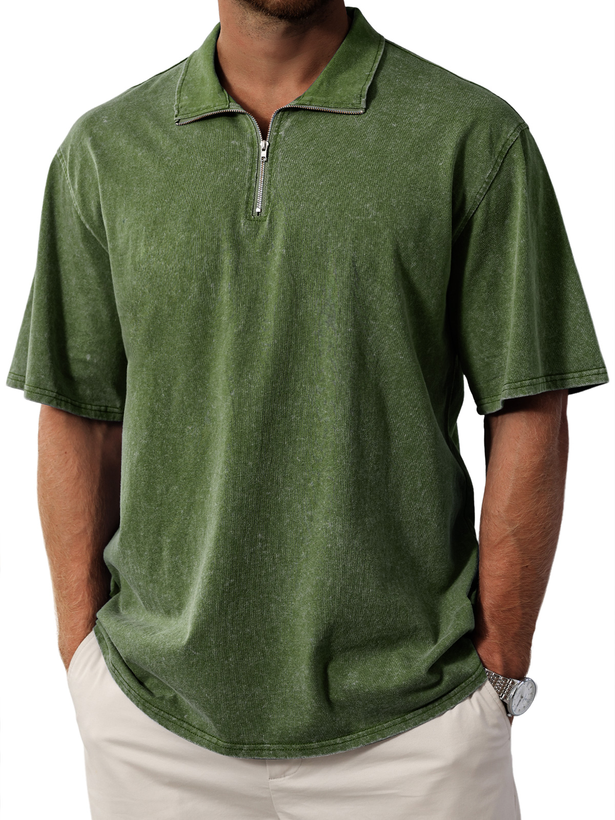 Men's Retro  Stand Collar Zipper Solid Color Short Sleeve T-Shirt