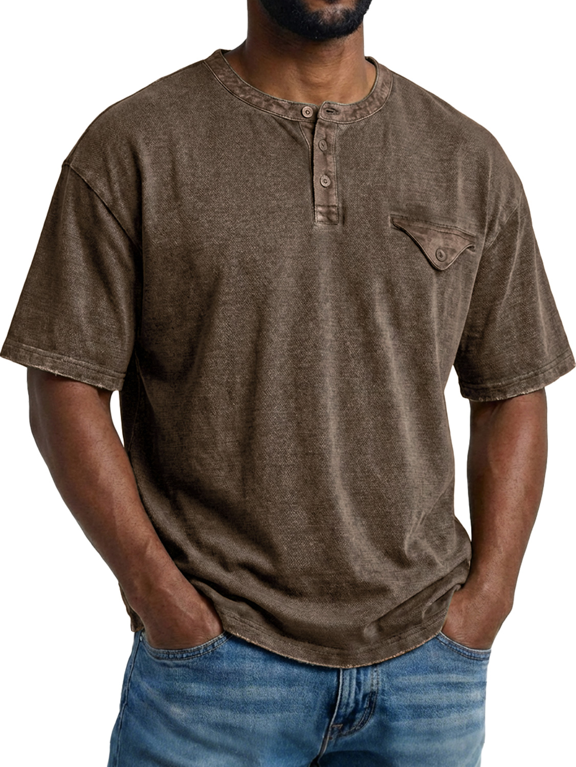 Men's Retro Pocket Design Casual Short-Sleeve Henley Shirt