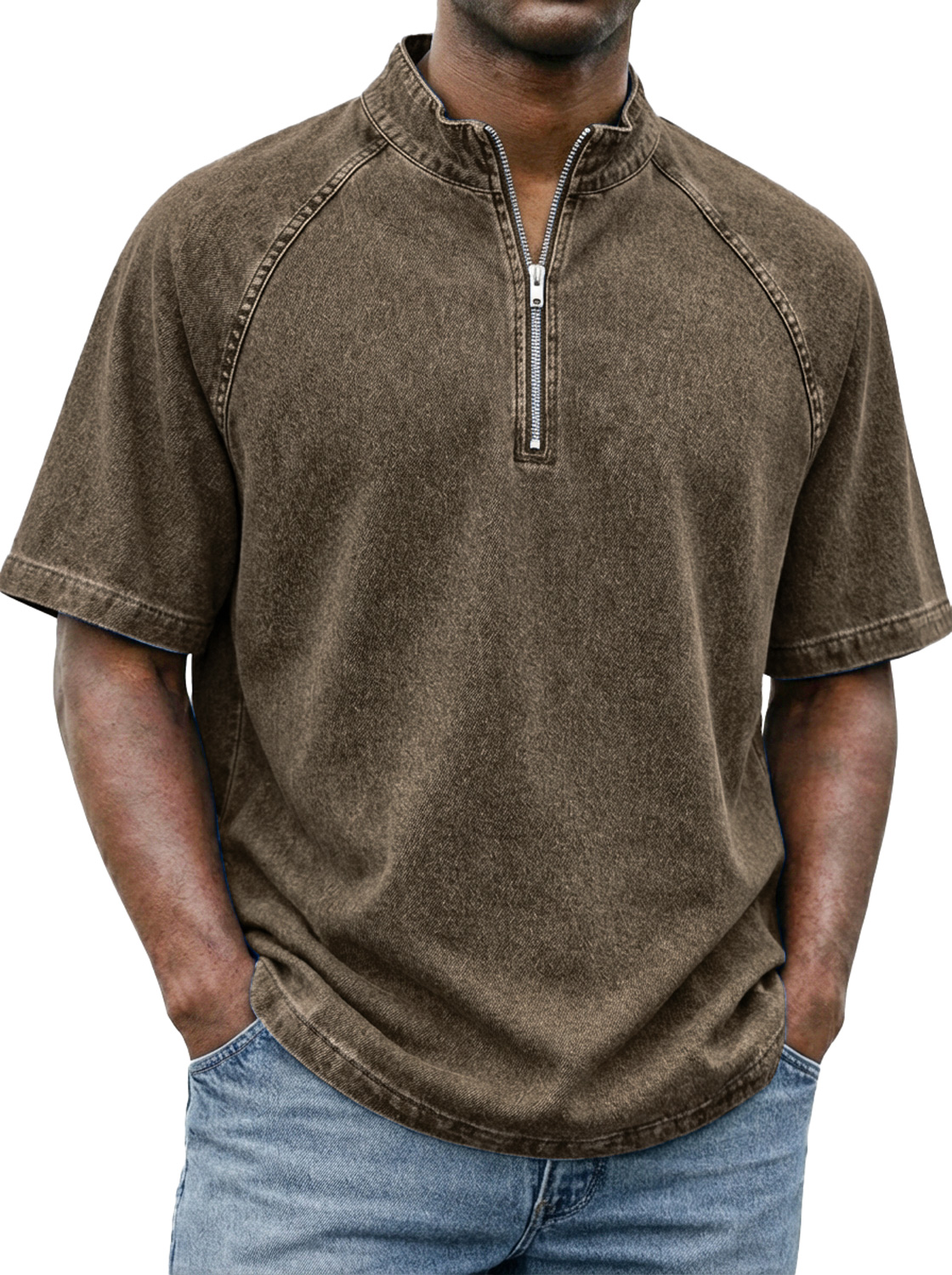 Men's Retro Raglan Sleeve Stand-collar Zip-up Casual Short-sleeved T-shirt