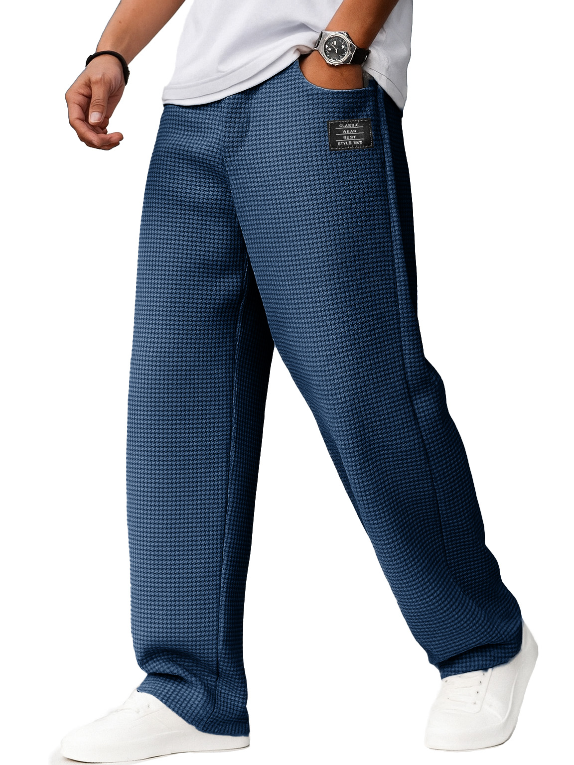Men's Stylish Everyday Waffle Fabric Pants With Loose-fitting Drawstring Waist And Embroidered Logo