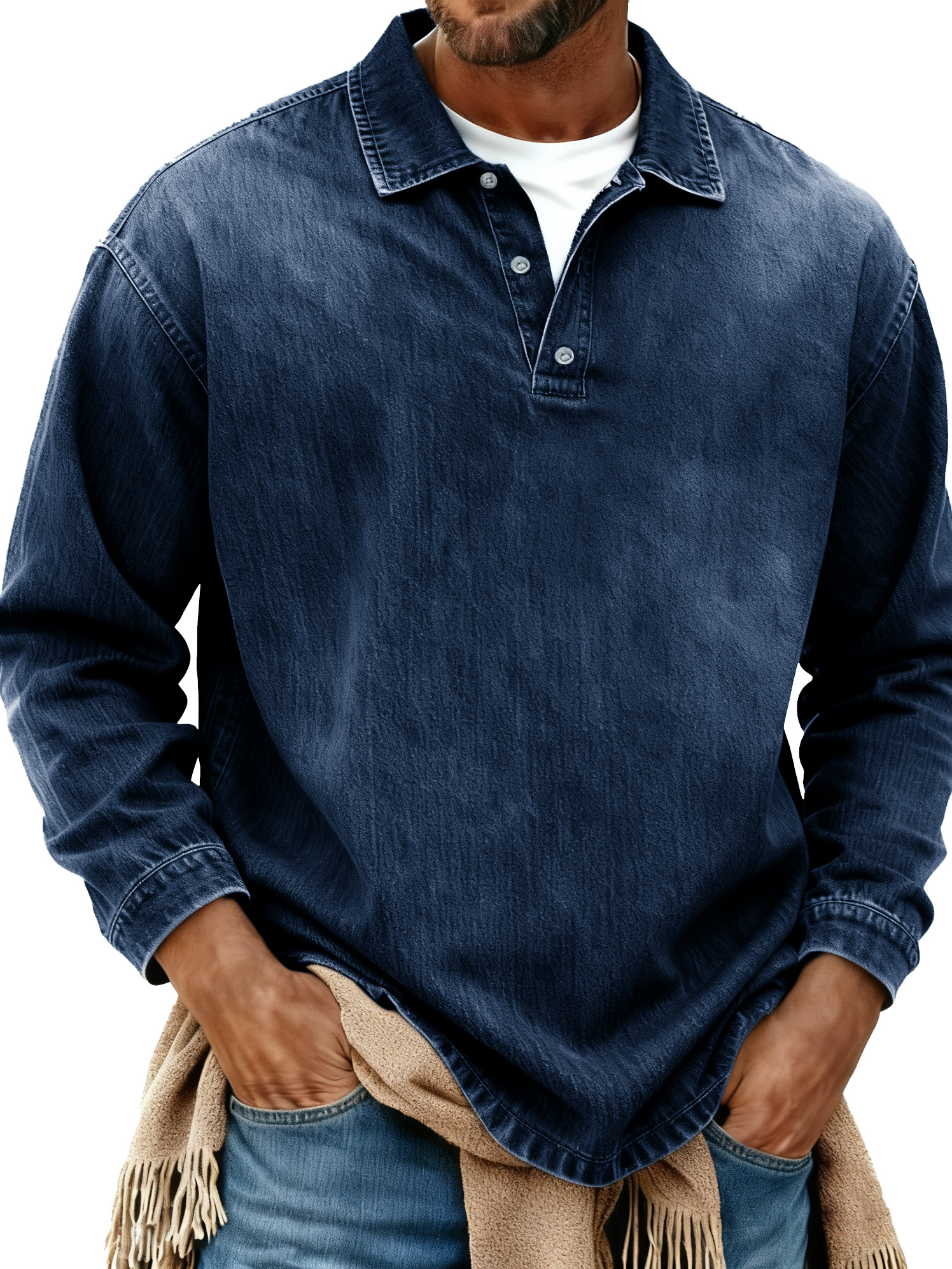 Men's Retro Fashion Distressed Collar Long-Sleeve Polo Shirt