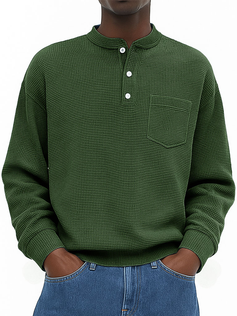 Men's Wear Fashionable Casual Waffle Fabric Pockets Long-sleeved Henry Shirt