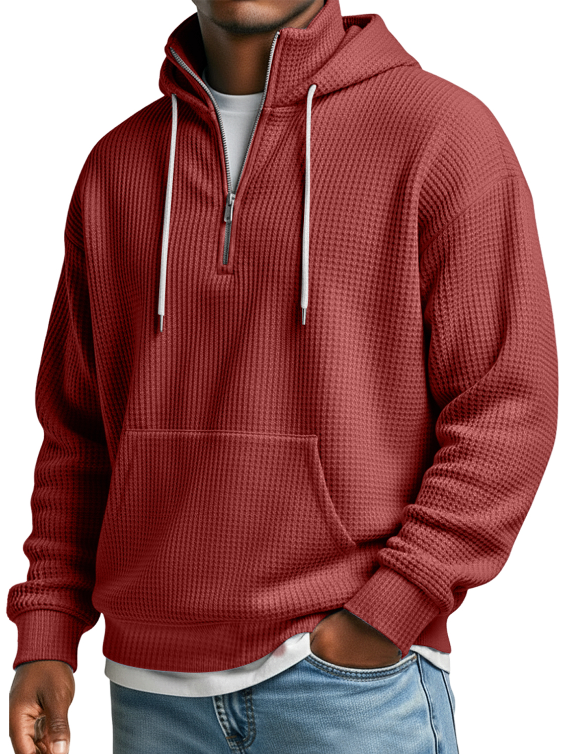 Men's Waffle Collar Zipper Casual Loose Hooded Sweatshirt