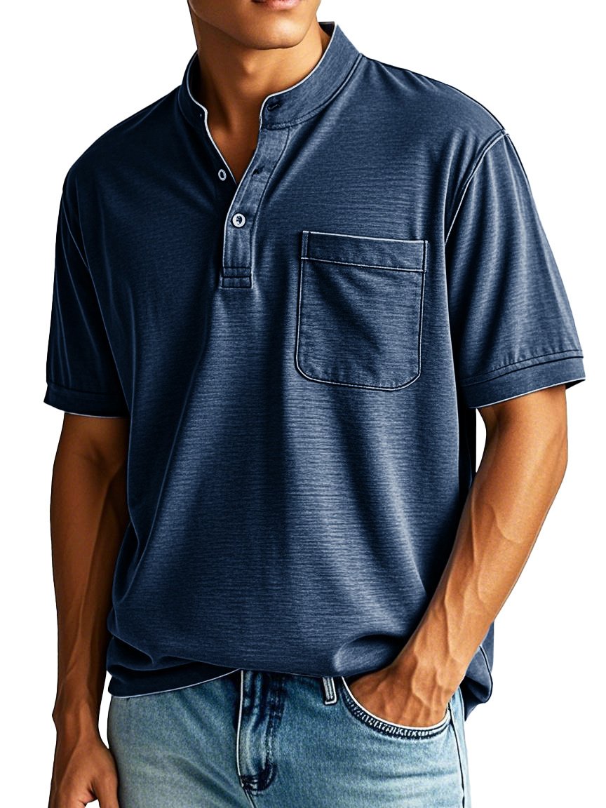 Men's Fashion Casual Stand-up Collar Pocket Short-sleeved Henley Shirt 