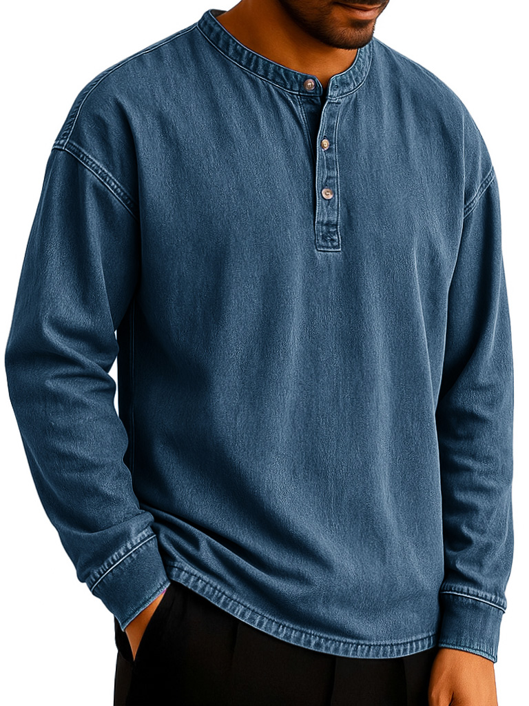 Men's Stylish Retro Distressed Long-sleeved Multicolor Henley Shirt