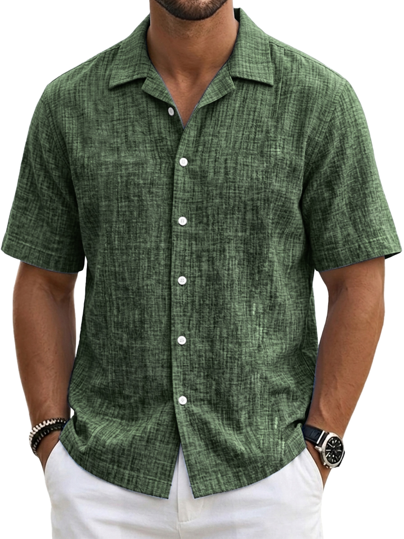 Men's Casual Linen Comfort Solid Color Short-Sleeve Shirt