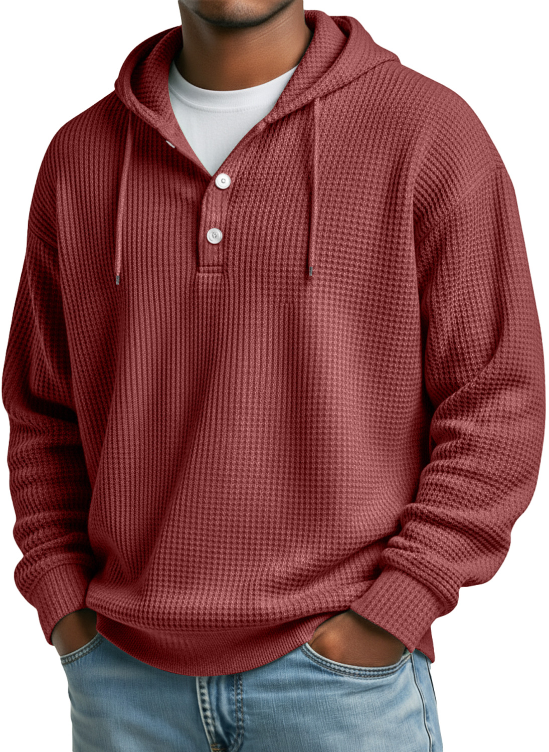 Men's Waffle Casual Hooded Button Loose Sweatshirt