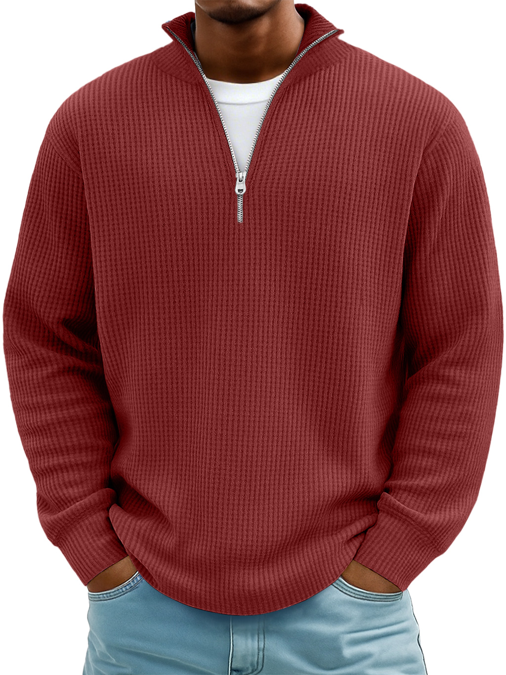 Men's Casual Simple Stand Collar Zipper Long Sleeve T-shirt