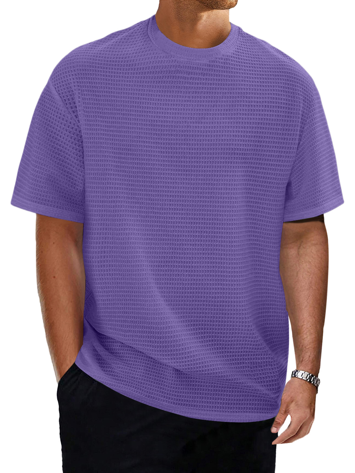 Men's casual round neck waffle texture solid color short-sleeved T-shirt