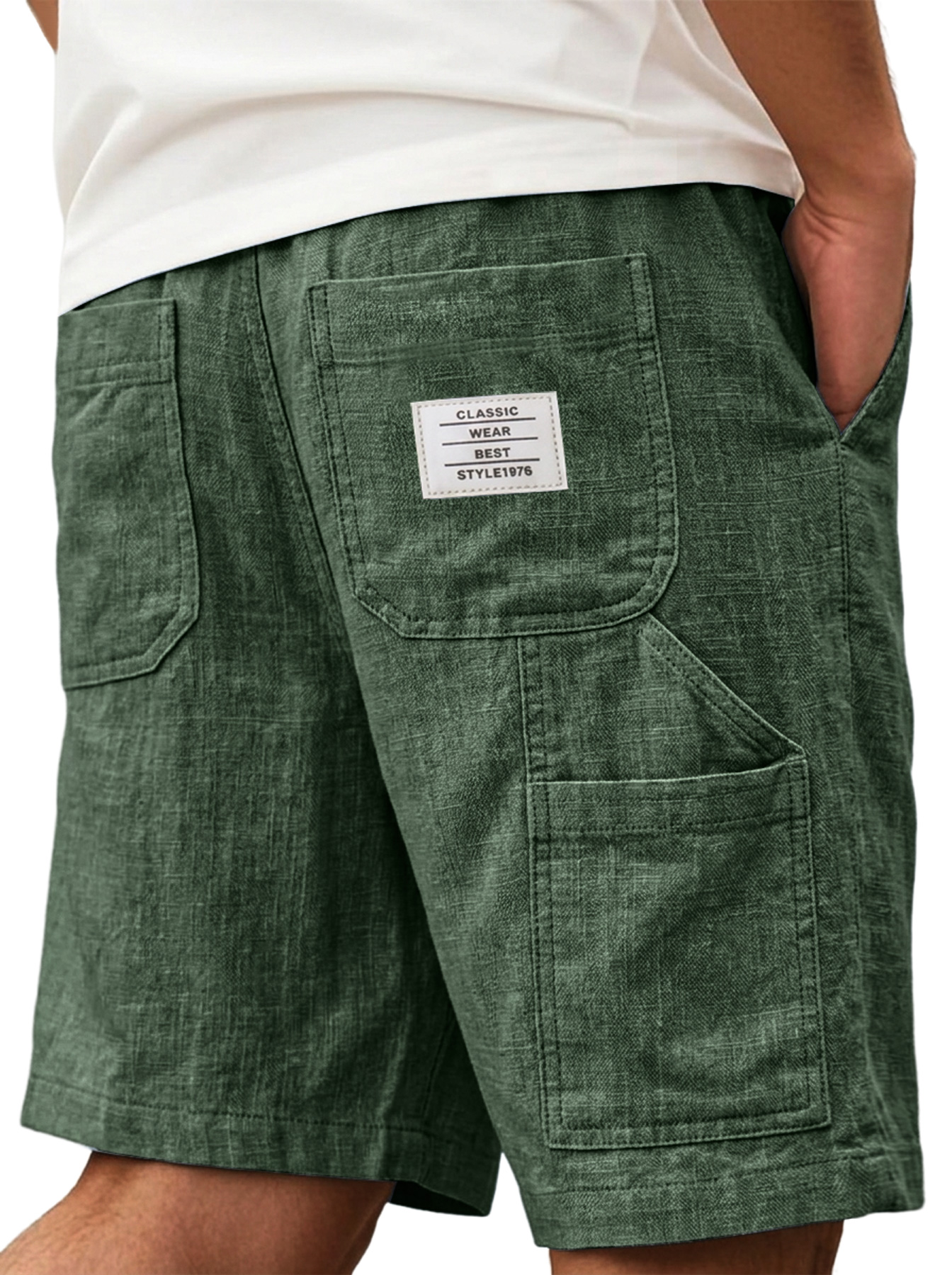 Men's Comfortable Cotton Linen Multi-Pocket Embroidered Logo Casual Cargo Shorts