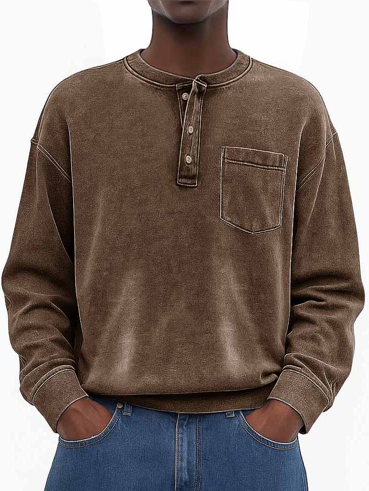 Men's Stylish Vintage Washed And Distressed Fabric Loose-fitting Long-sleeved Henley Shirt With Pockets