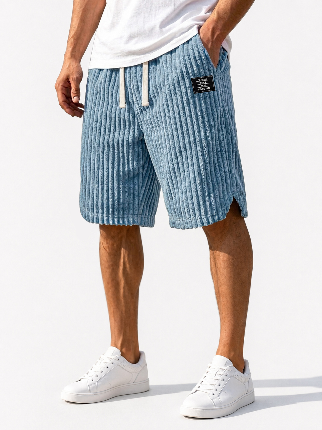 Men's Vintage Corduroy Casual Shorts with Embroidered Logo and Elastic Waist