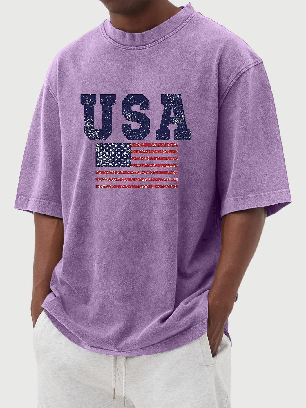 Men's vintage washed USA flag printed short sleeve T-shirt