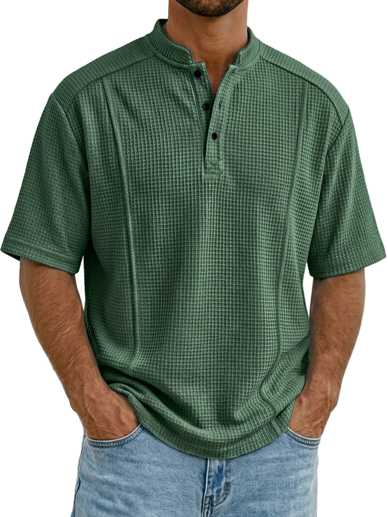 Men's Waffle Collar Button Deconstructed Casual Short-Sleeve Henley Shirt