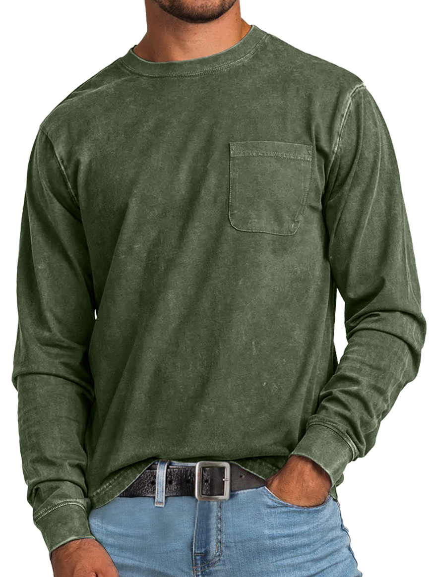 Men's Retro Casual Round Neck Pocket Solid Color Long Sleeve T-Shirt