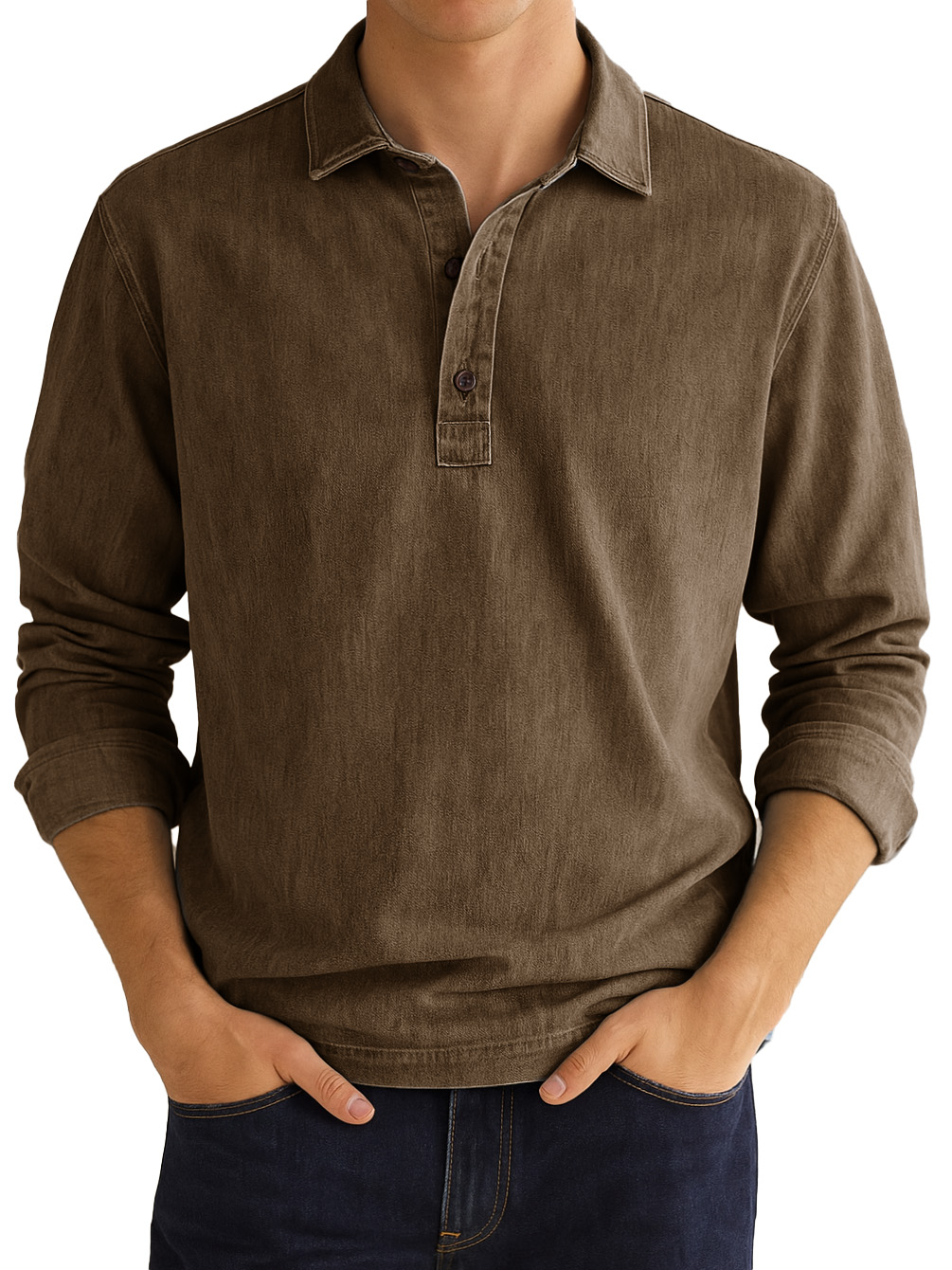  Men's Stylish Vintage Distressed Lapel Long-sleeved Polo Shirt