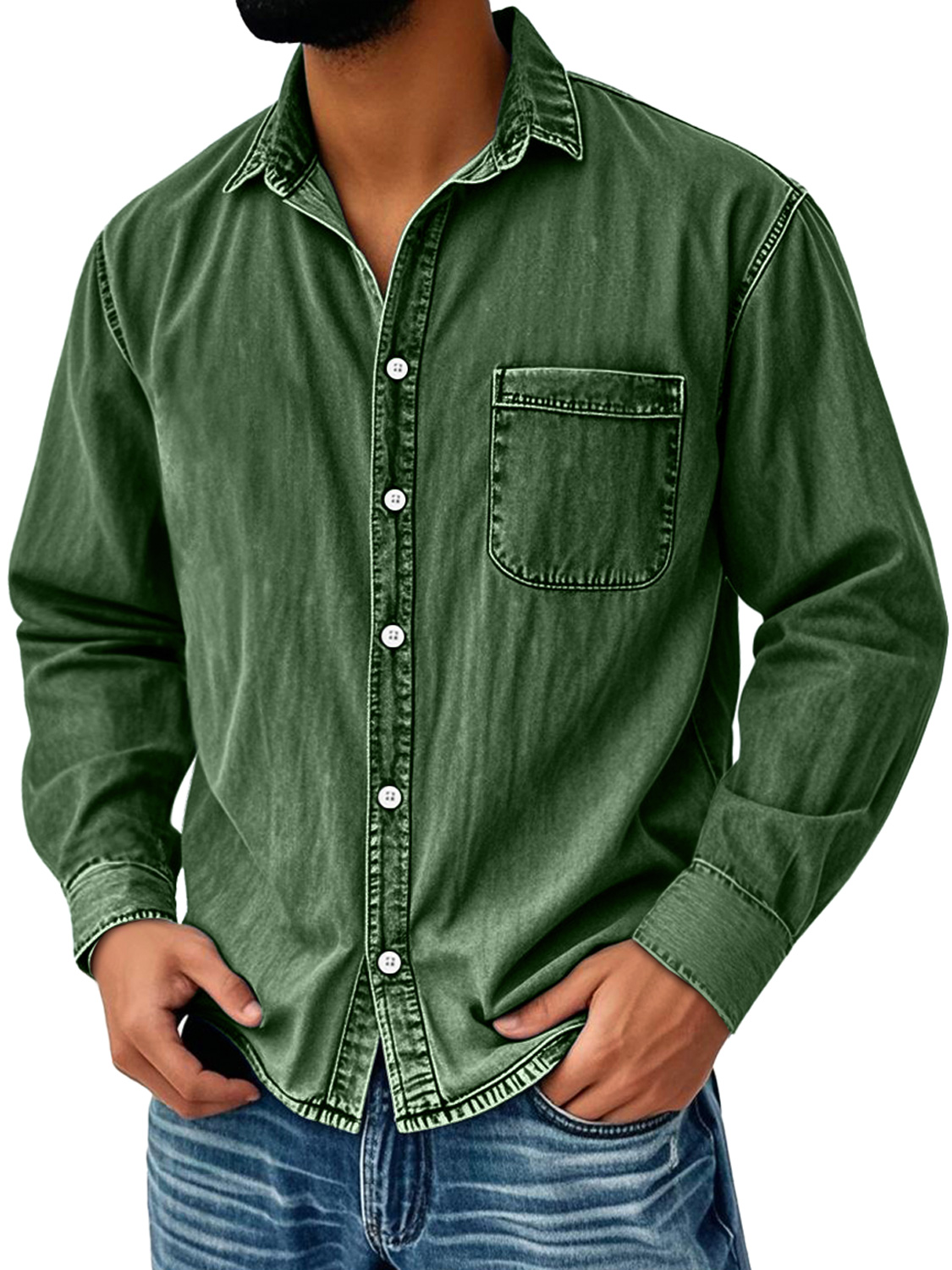 Men's Vintage Distressed Lapel Pocket Casual Long-sleeved Shirt