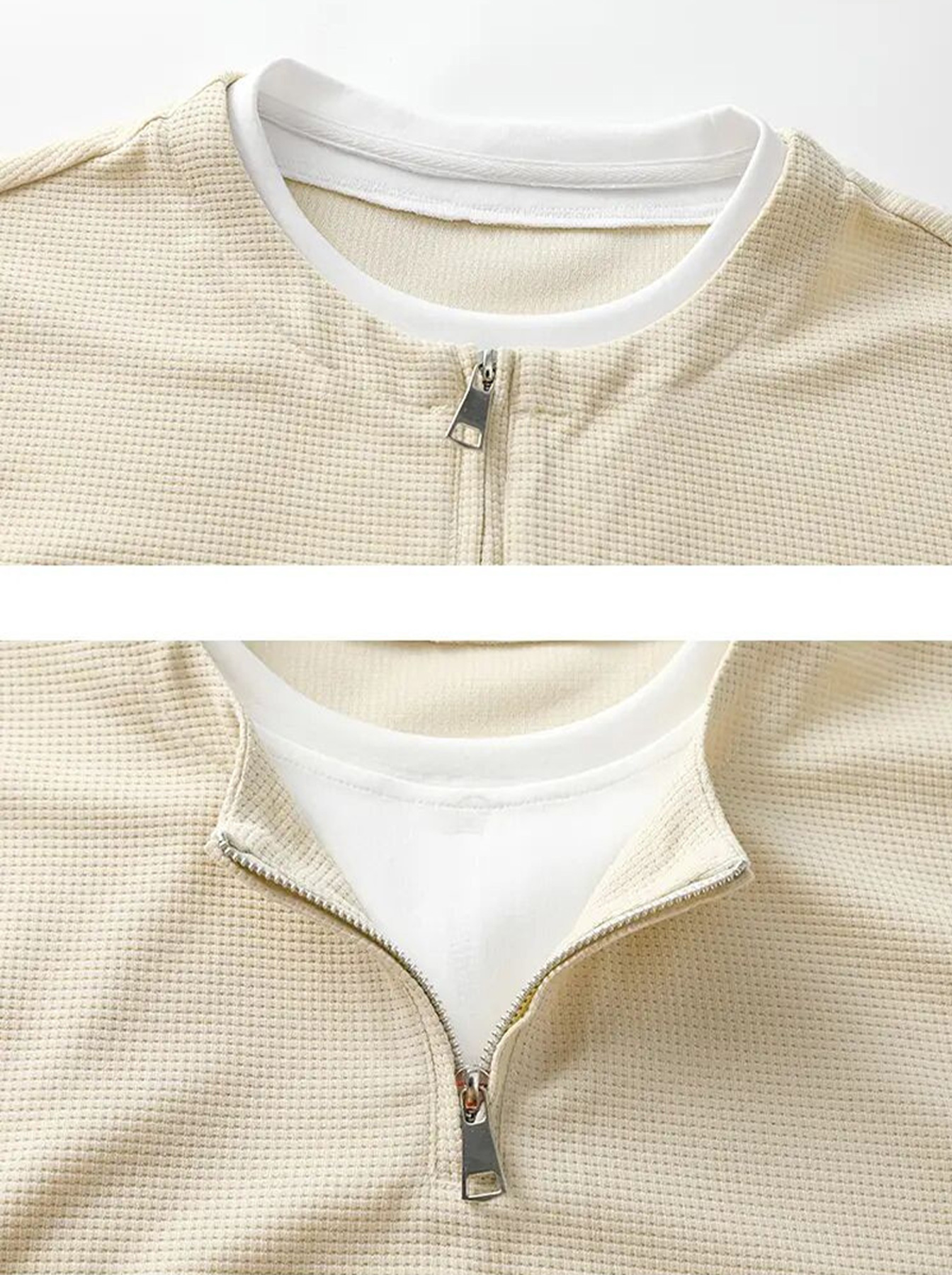Men's Waffle-Knit Long-Sleeve Casual T-Shirt with Faux-Layered Design, Crew Neck, and Zipper Detail