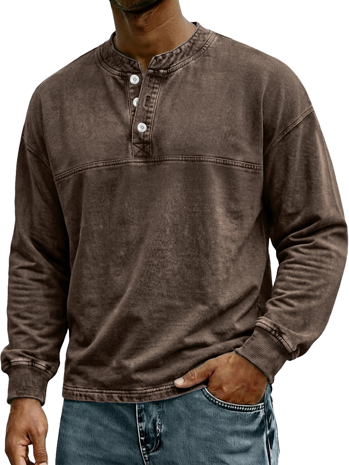Men's Retro-Style Stand Collar Button Casual Long Sleeve Henley Shirt