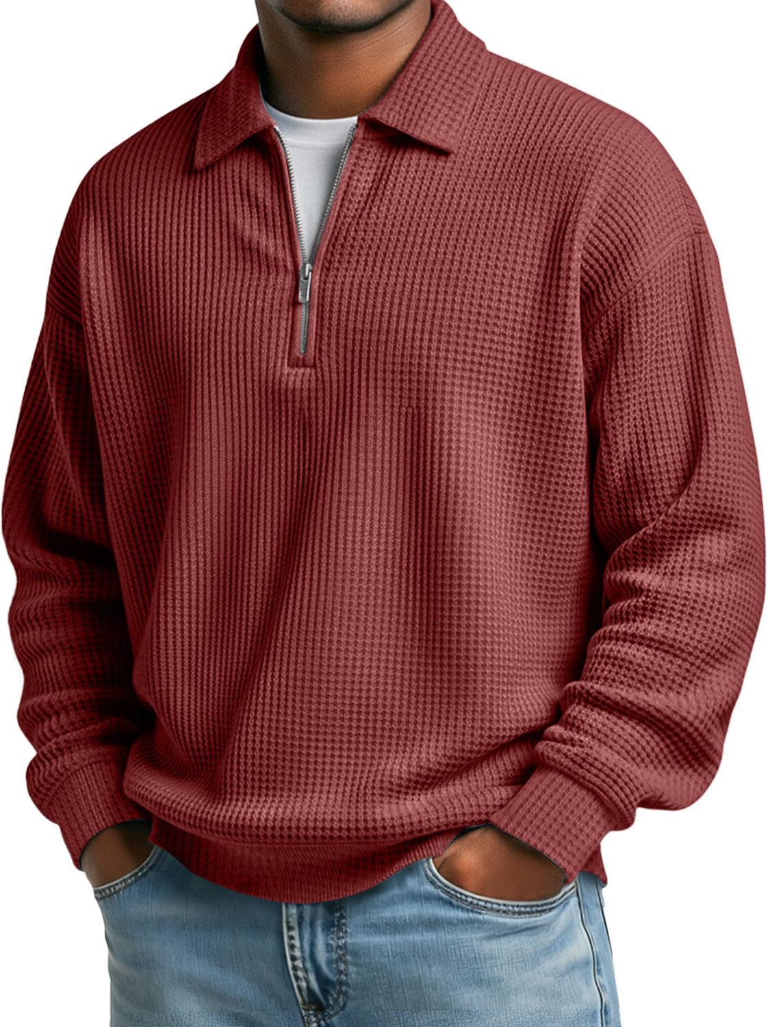 Simple Waffle Lapel Zipper Casual Solid Color Polo Shirt