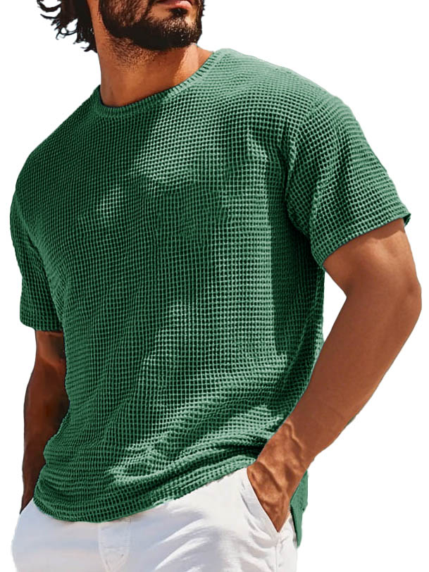 Men's Retro Fashion Round Neck Waffle Texture Fabric Short-sleeved T-shirt