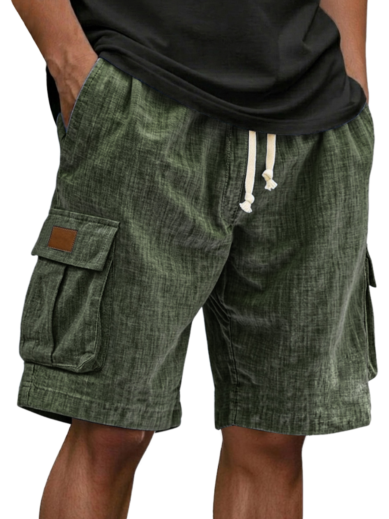 Men's Casual Linen Multi-pocket Embroidered Label Cargo Shorts