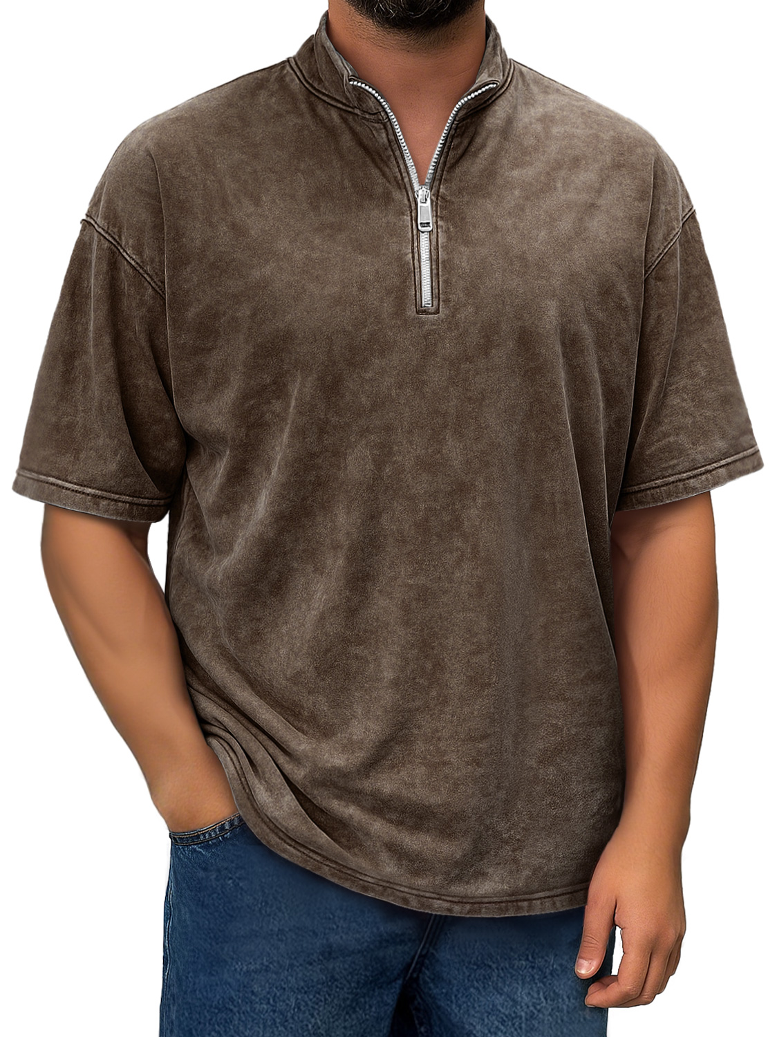 Men's Retro Stand Collar Zipper Casual Short Sleeve T-shirt