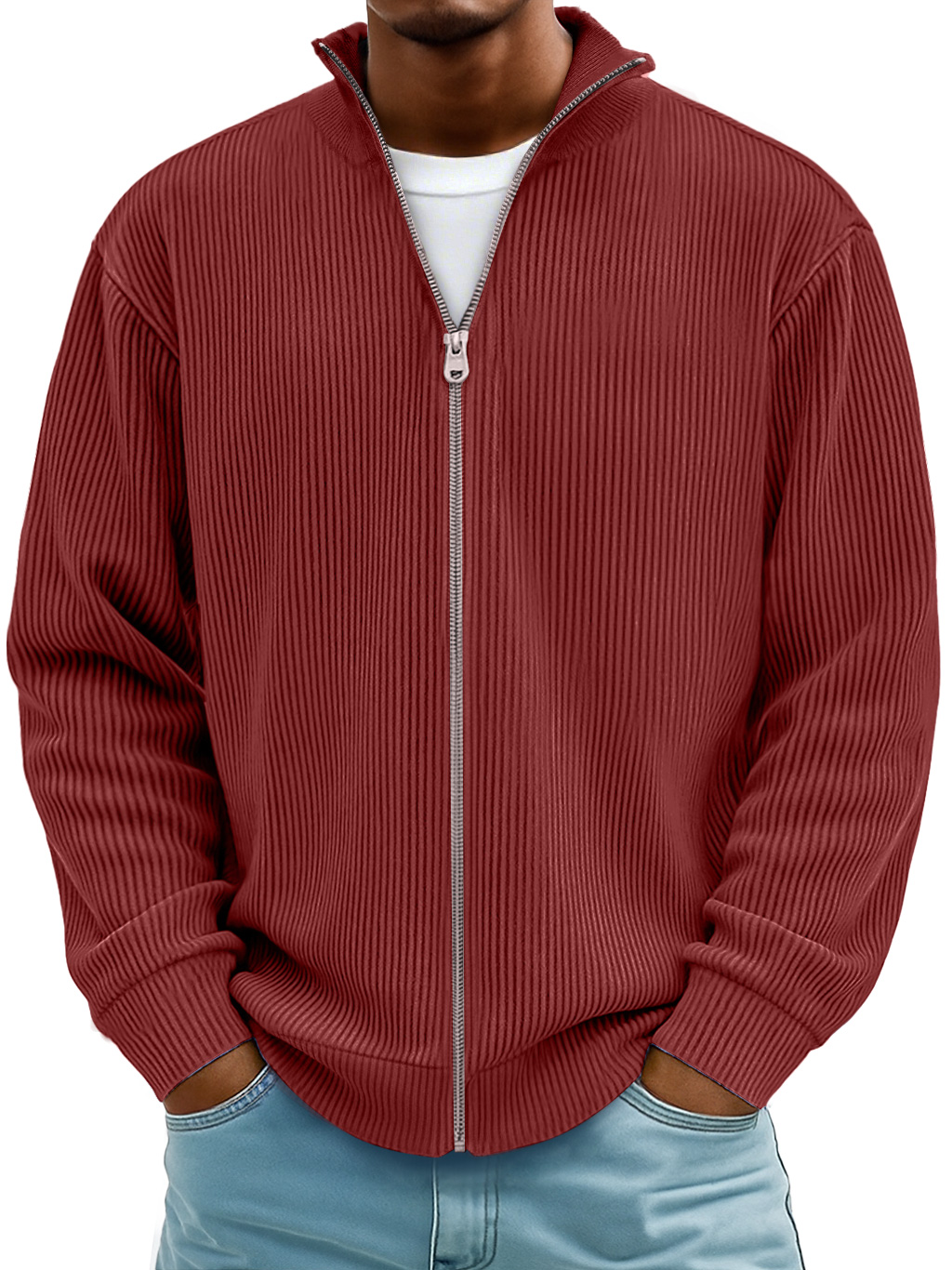Men's Simple Ribbed Textured Stand Collar Zipper Loose Jacket