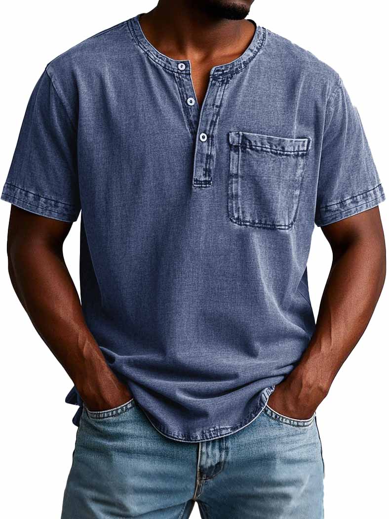 Men's Fashion Casual Vintage Distressed Pocket Short Sleeve Henley Shirt