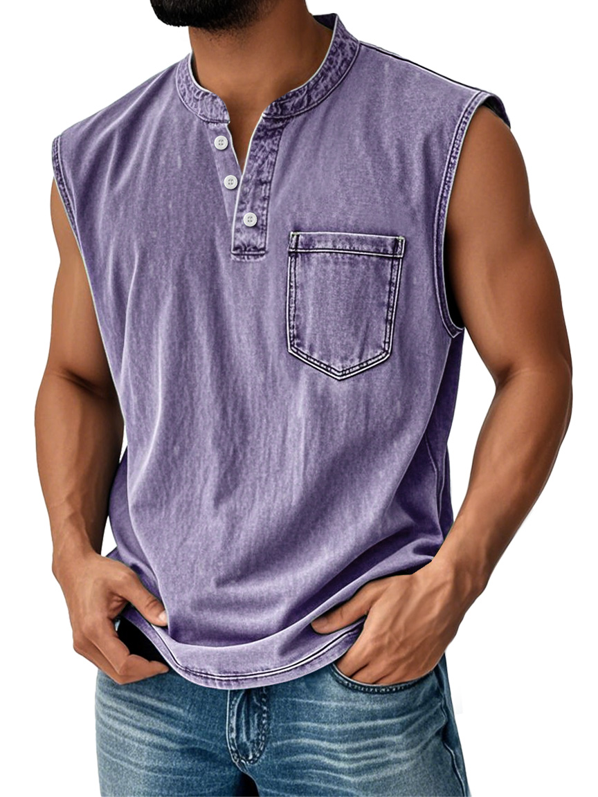 Men's Vintage Stand Collar Casual Pocket Solid Color Sleeveless Henley Vest